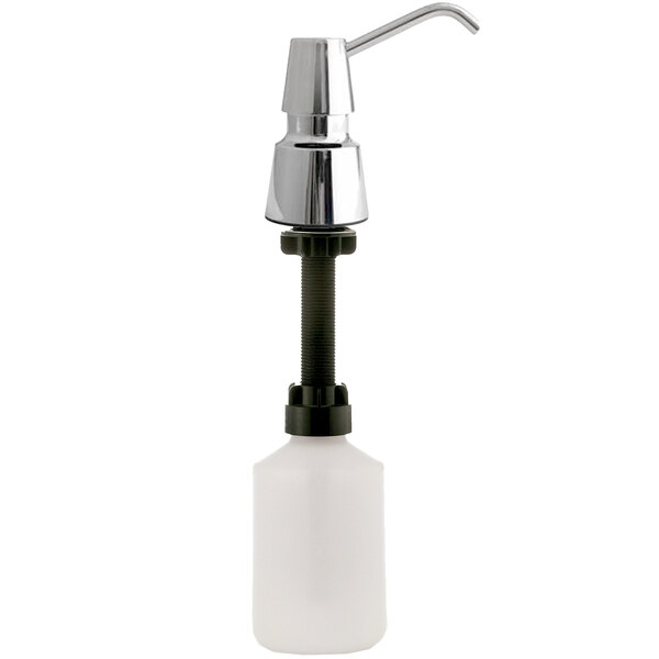 A close-up of a metal Bobrick chrome counter mount foaming soap dispenser with a white bottle and silver pump.