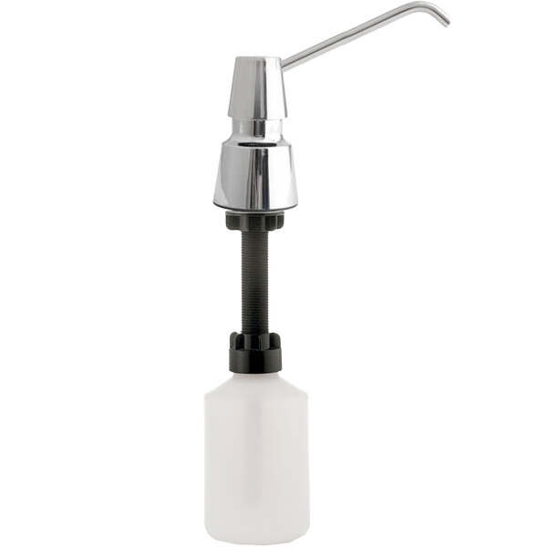 A white and silver chrome counter mount soap dispenser with a black push button.