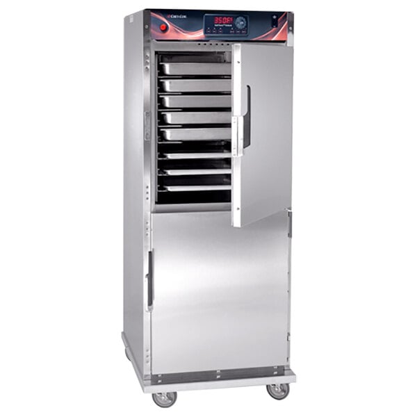A Cres Cor Quiktherm rethermalization oven with stainless steel trays in a metal cabinet.