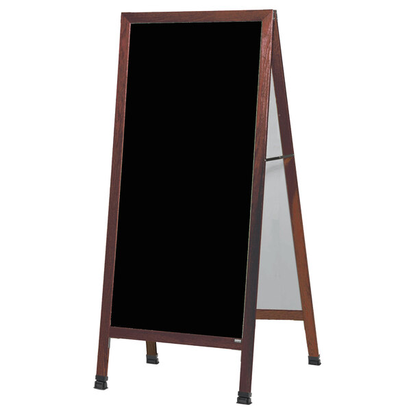 A cherry wood A-Frame sign board with a black marker board.