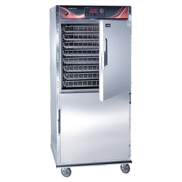 A Cres Cor Quiktherm rethermalization oven with deluxe controls and a stainless steel rack inside.