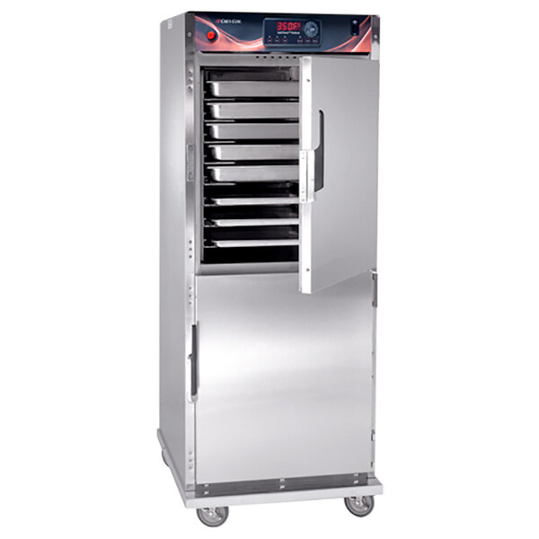 A Cres Cor Quiktherm rethermalization oven with four metal trays in a stainless steel cabinet.