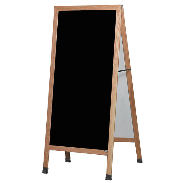 An Aarco oak A-frame sign board with black write-on acrylic board.