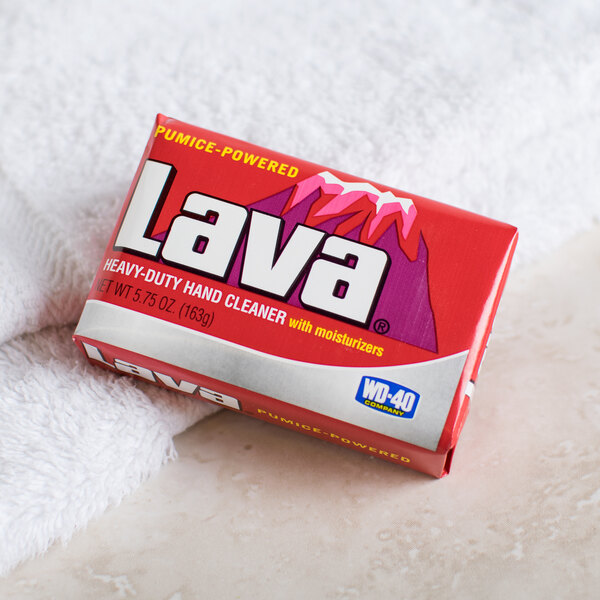 A red box of Lava Pumice-Powered Hand Soap on a white towel.