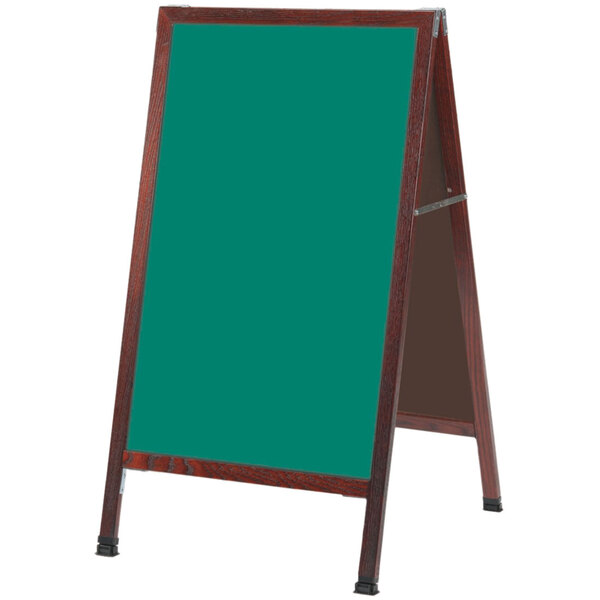 A cherry wood A-Frame sign board with a green write-on porcelain chalk board.