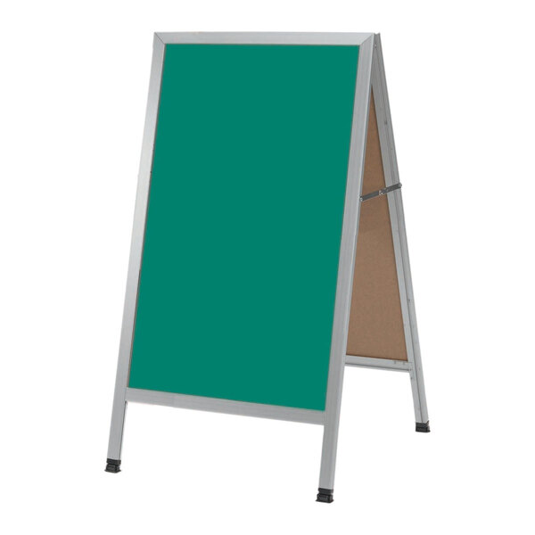 An Aarco aluminum A-frame sign board with a white frame and green write-on porcelain chalk board.