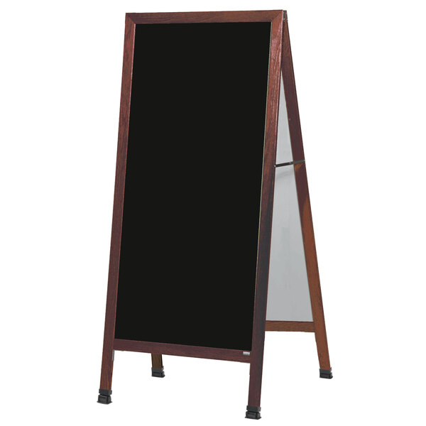 A cherry wood A-Frame sign board with a black write-on melamine marker board.