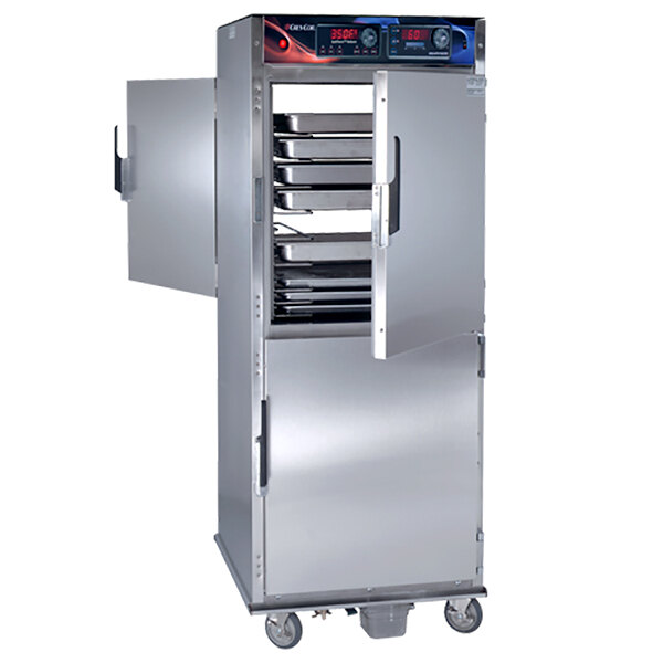 A stainless steel Cres Cor Quiktherm pass-through oven with doors open.