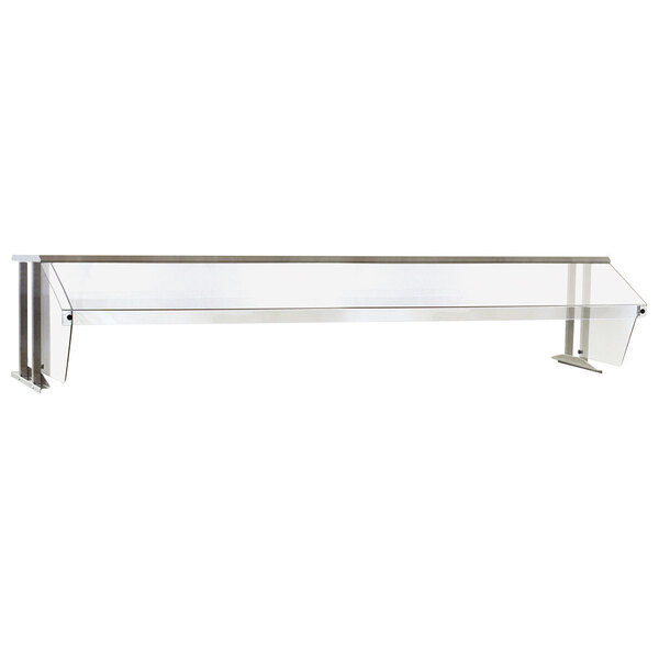 A stainless steel buffet shelf with a sneeze guard over a steam table.