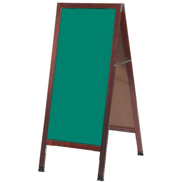 A wooden A-Frame sign with a cherry wood frame and green chalk board.