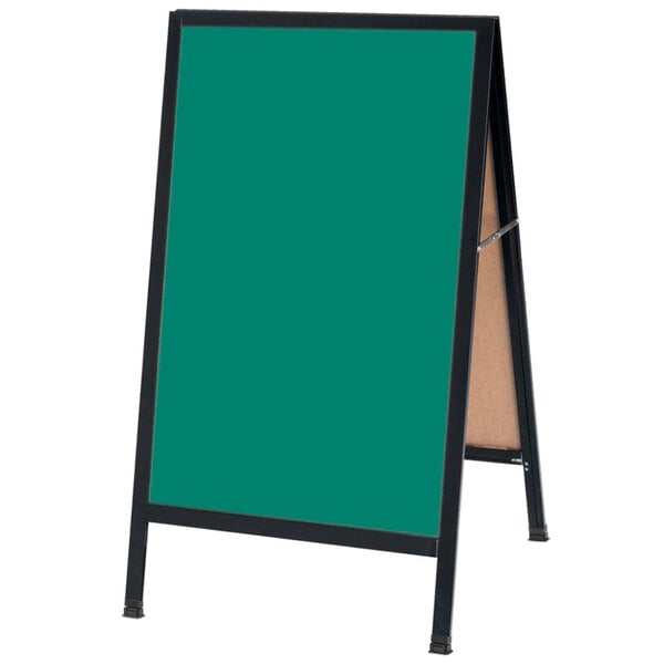 A black A-Frame sign board with a green write-on chalk board.