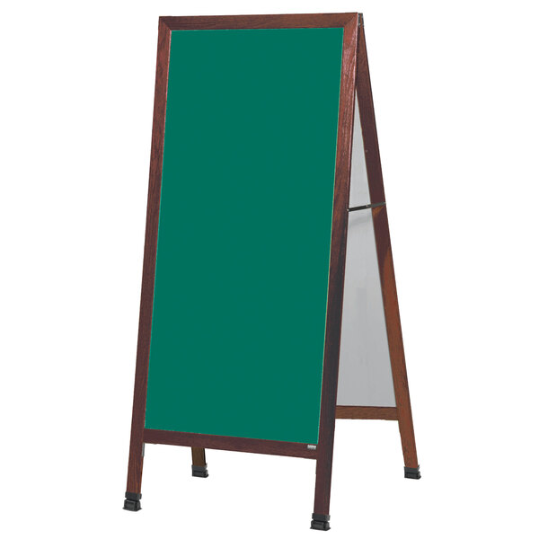 A cherry wood A-Frame sign board with a green chalkboard.