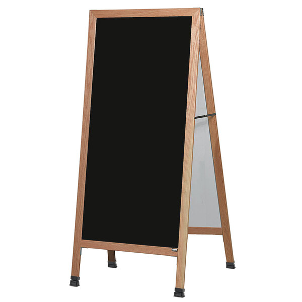 An Aarco oak A-frame sign board with black write-on melamine board.