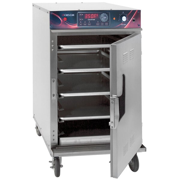 A large stainless steel Cres Cor smoker oven with doors open.