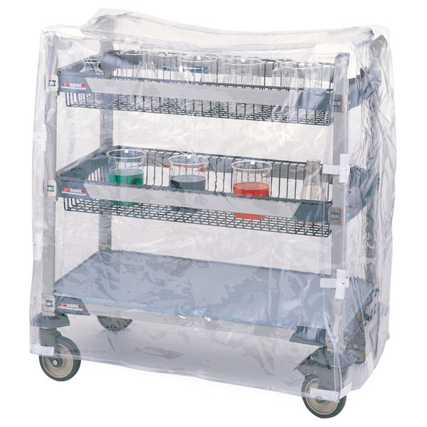 A Metro clear vinyl covered cart with baskets holding beakers.