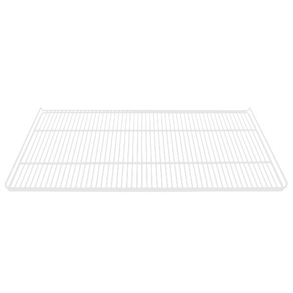 A white coated wire shelf with a grid on it.