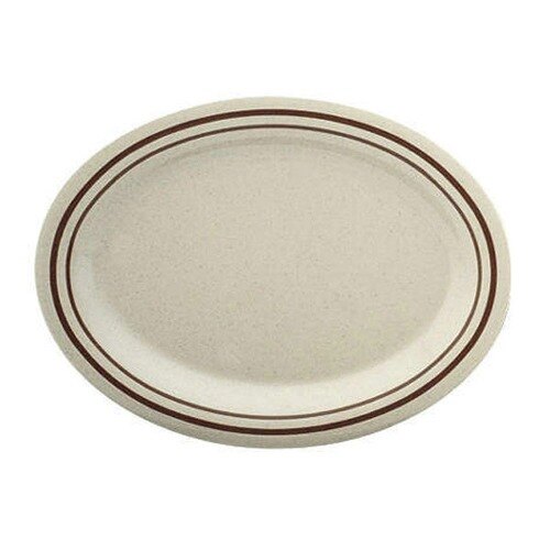 A beige oval Thunder Group Arcadia melamine platter with brown lines.