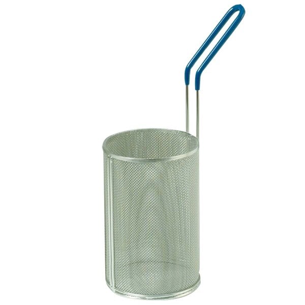A stainless steel round pasta basket with a blue handle.