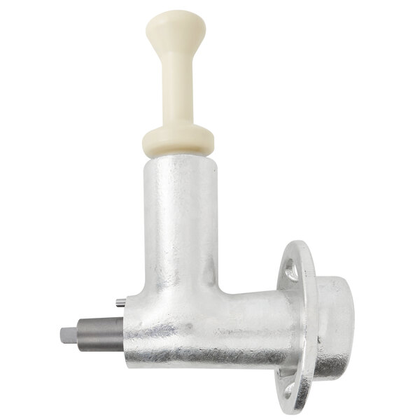 A metal meat chopper attachment with a white handle.