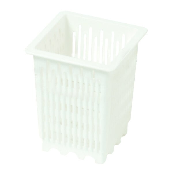 A white plastic container with holes and a square top.