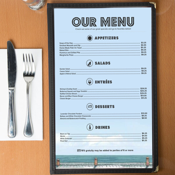Seafood themed menu with black text on a table.