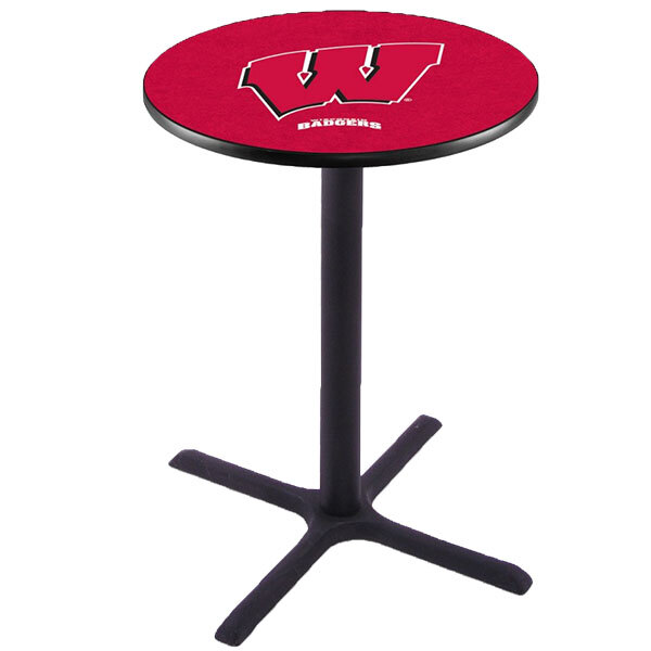 A red table with a Wisconsin Badgers logo on it.