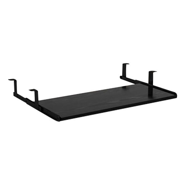 A black rectangular Alera Valencia underdesk keyboard/mouse shelf with metal brackets.