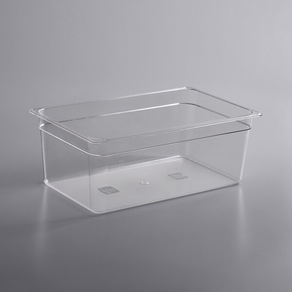 A Hobart clear plastic catch pan with a clear lid.