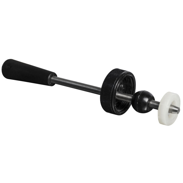 A black and white plastic lever handle with a white circular cap and bushing.