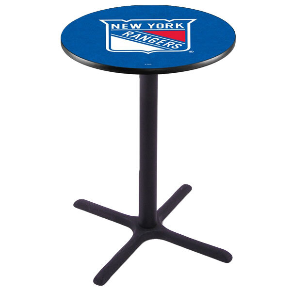 A Holland Bar Stool New York Rangers pub table with a blue logo on the surface and a black base.