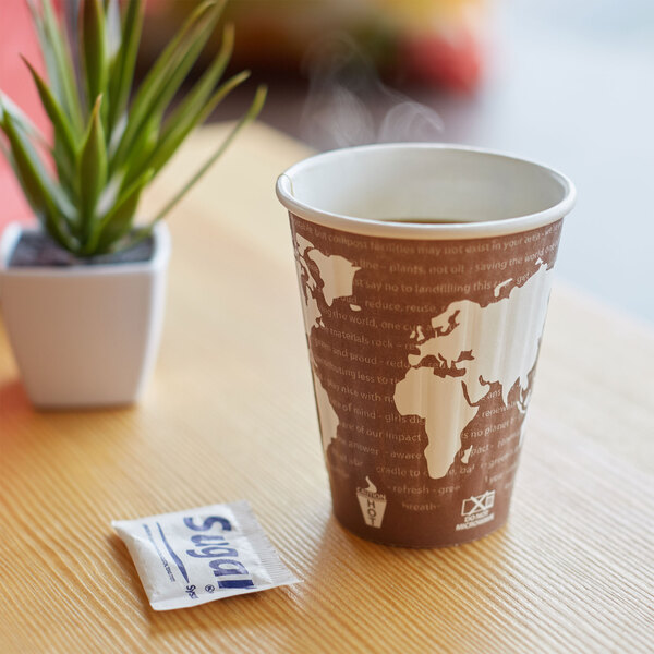 An Eco-Products World Art paper hot cup of coffee with a world map on it.