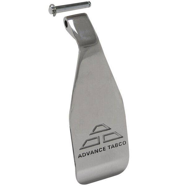 A silver metal Advance Tabco knee pedal with a screw.