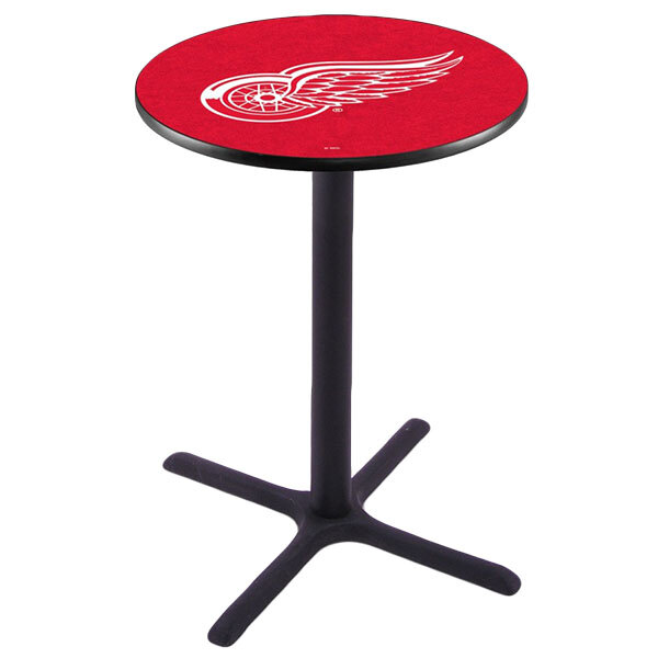 A round red Detroit Red Wings pub table with a black base.
