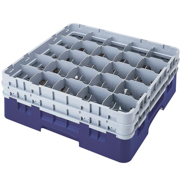 A navy blue plastic Cambro glass rack with 25 compartments and 6 extenders.