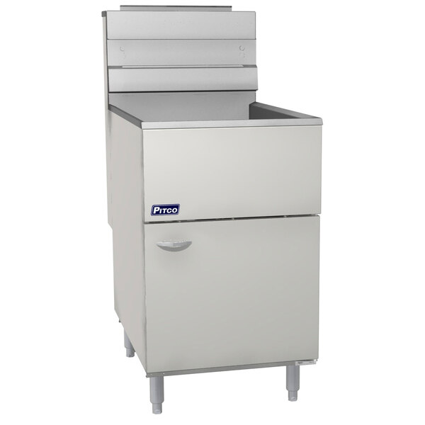 A Pitco stainless steel floor gas fryer with a small drawer.