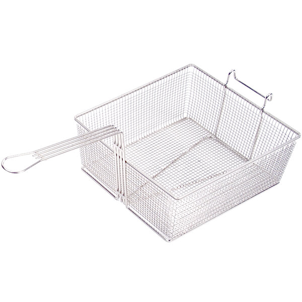 A stainless steel wire fryer basket with a front hook handle.