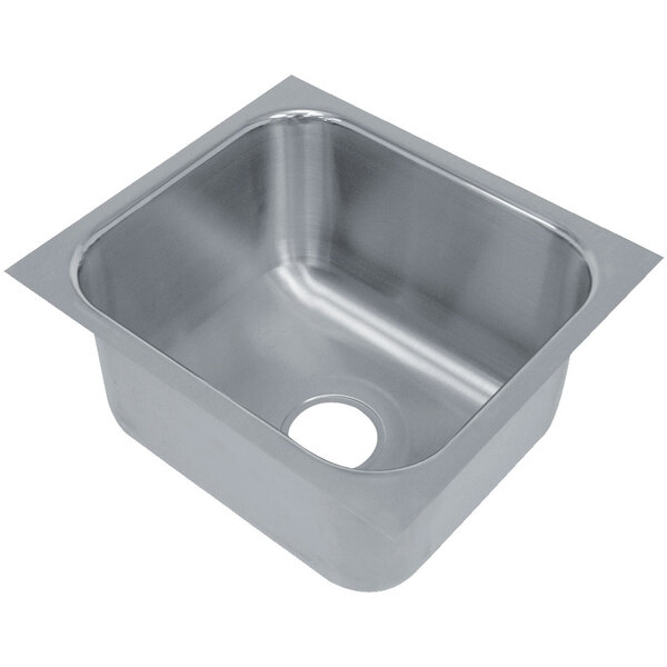 A stainless steel Advance Tabco sink bowl with a square hole.