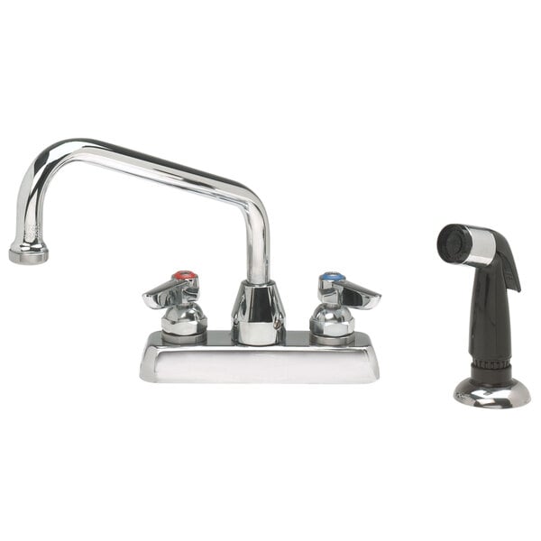 An Advance Tabco deck-mount faucet with a swing nozzle and sprayer.