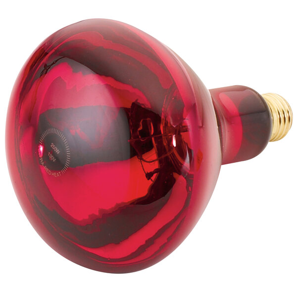 A close-up of a red glass Cres Cor infrared light bulb with a gold base.