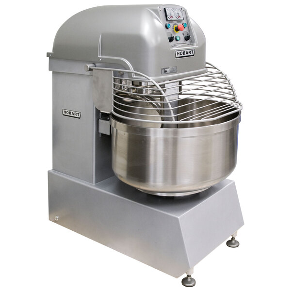 A Hobart Legacy spiral dough mixer with a large metal bowl on top.