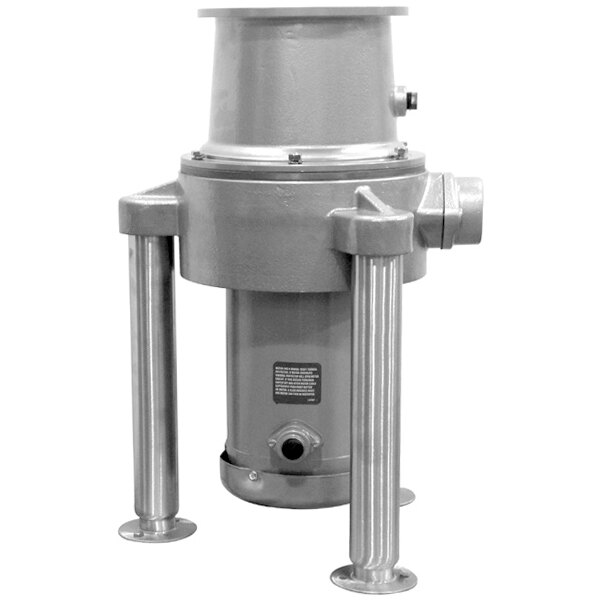 A close-up of a stainless steel Hobart commercial garbage disposer with adjustable flanged feet.