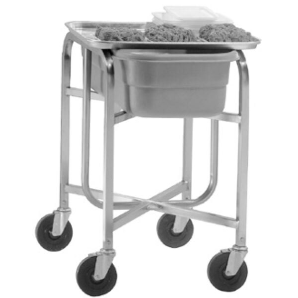 A Hobart metal cart with a grey tub on it.