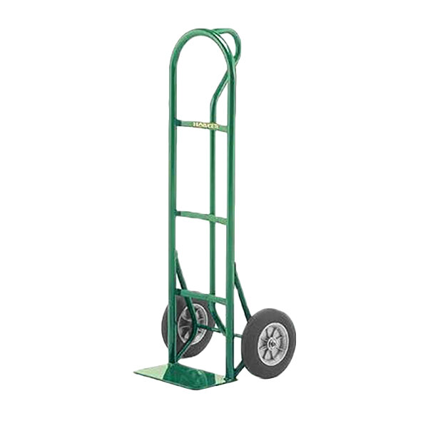 A green Harper hand truck with solid rubber wheels and a loop handle.