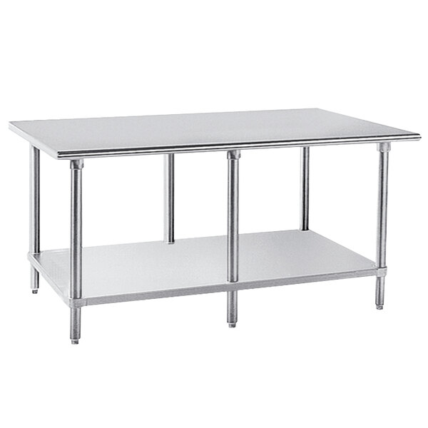 An Advance Tabco stainless steel work table with shelves.