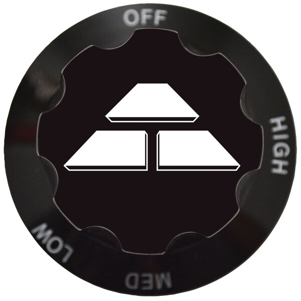 A black knob with white text that says "high"