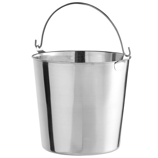 A silver Thunder Group stainless steel utility bucket with a handle.