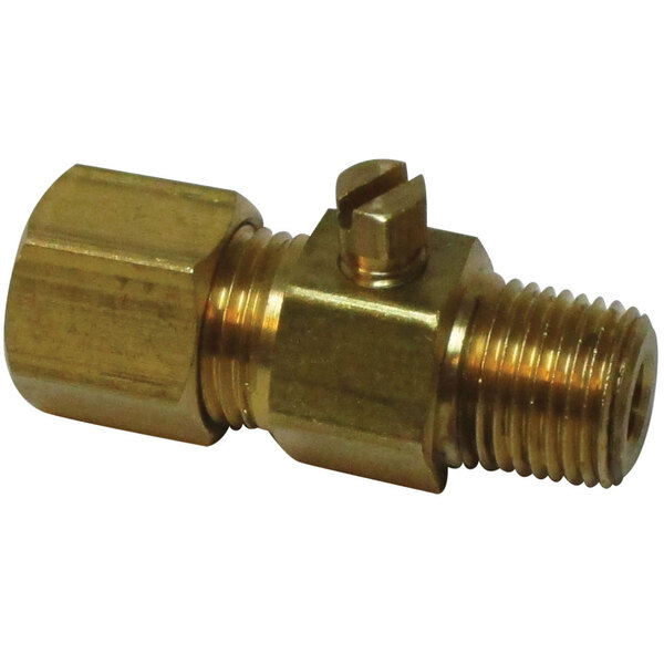 A brass threaded pilot valve fitting with a nut.