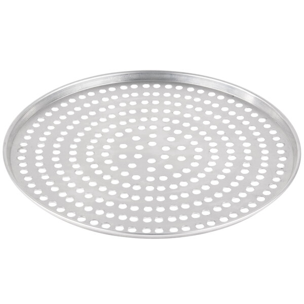 An American Metalcraft aluminum pizza tray with perforations.