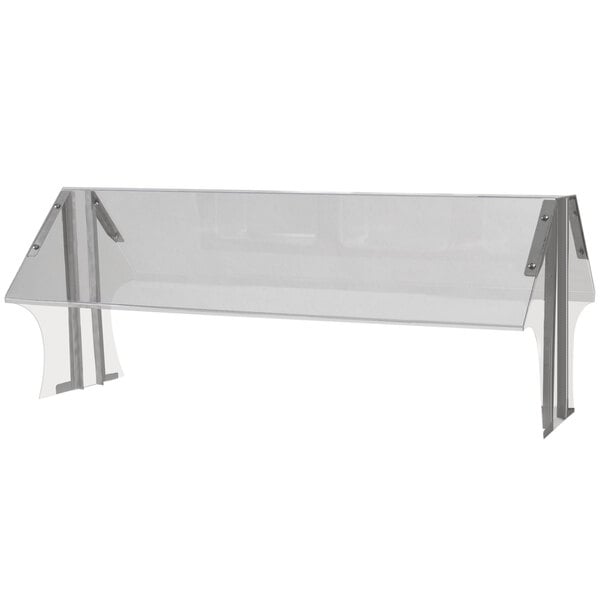 A clear plastic shelf with metal legs designed for a buffet table.