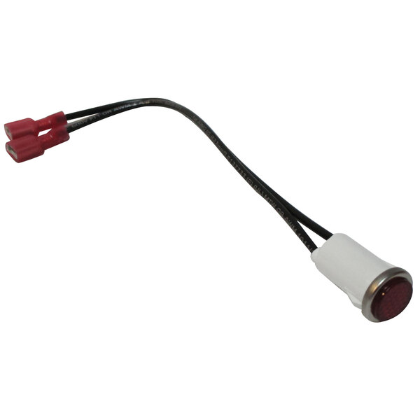 A red and white Advance Tabco indicator light with a red wire.